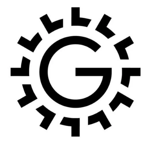 Black logo with a large letter G in the center surrounded by stylized teeth-like shapes forming a circle.