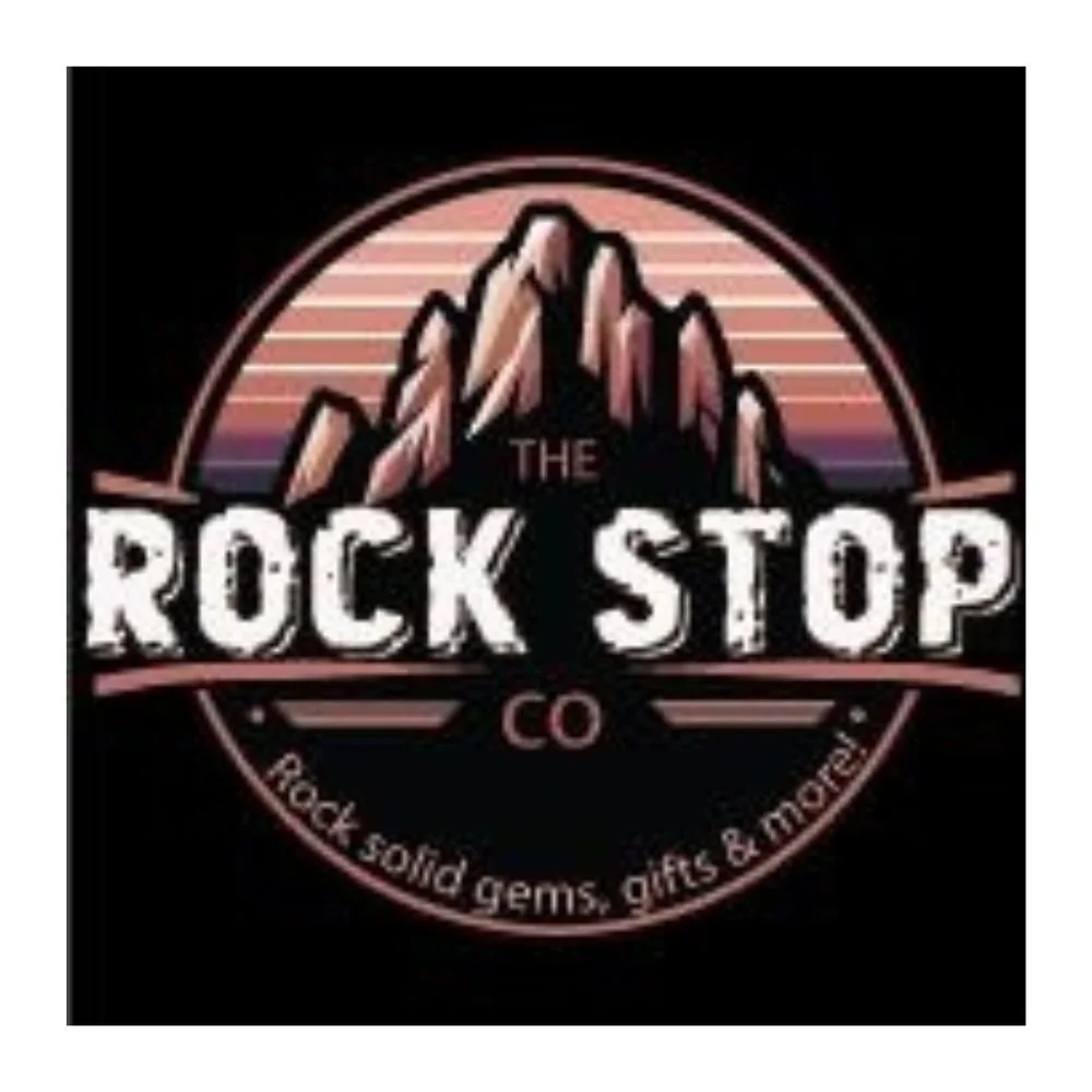 A logo for The Rock Stop CO with an illustration of a mountain range, a sunset, and a circular design. The text includes "Rock solid gems, gifts & more!"