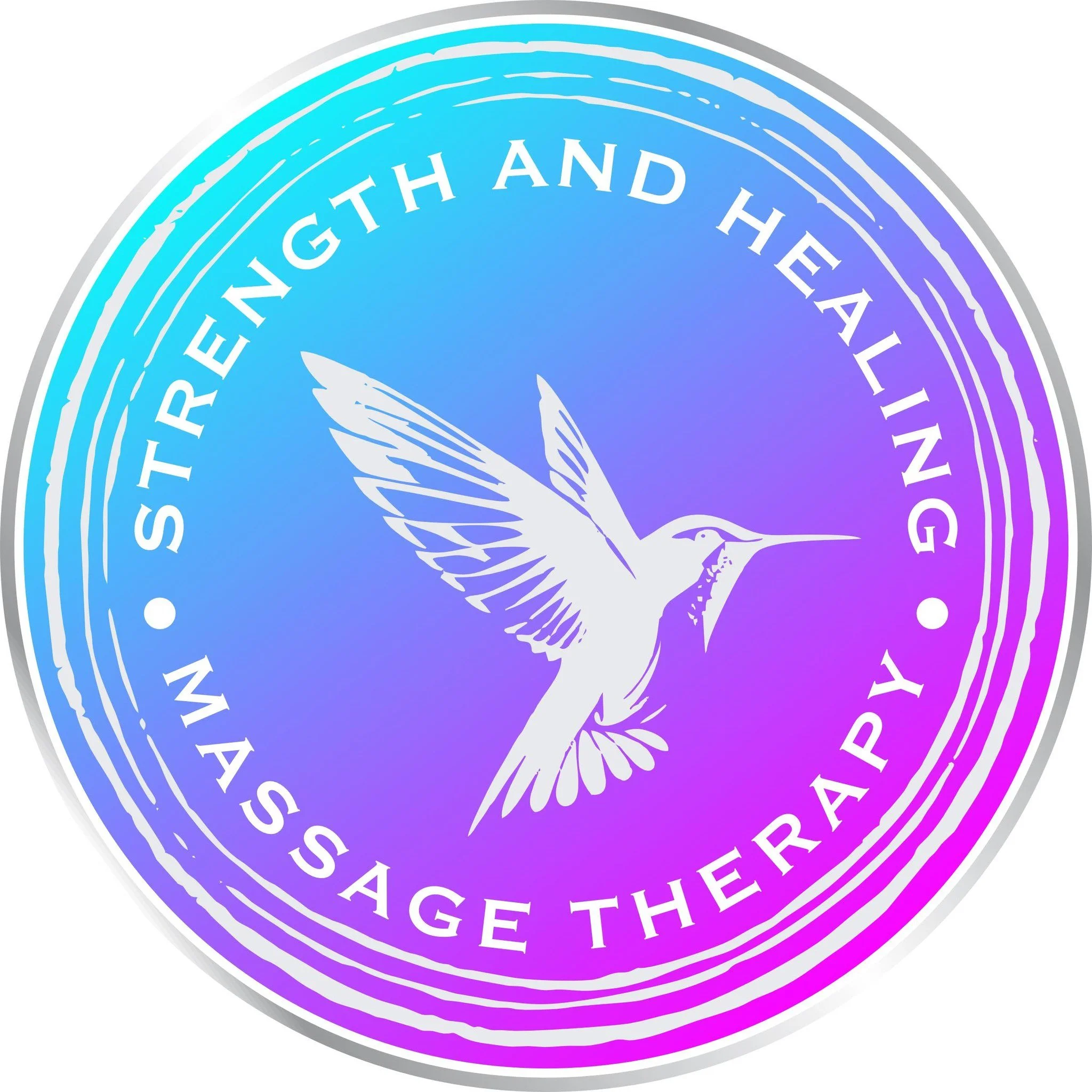 Hummingbird logo for stress and healing massage therapy with a gradient blue and purple background and white hummingbird and text.
