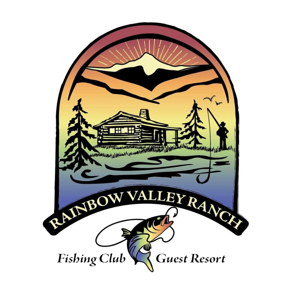 A colorful logo for Rainbow Valley Ranch featuring a mountain landscape with a sunrise, trees, a cabin, and a person fishing. The logo includes a rainbow-colored fish and text that reads "Rainbow Valley Ranch," "Fishing Club," and "Guest Resort."