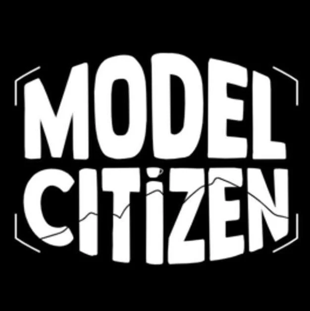 Logo with the words "Model Citizen" in bold, white letters on a black background, with a cracked effect on the text.