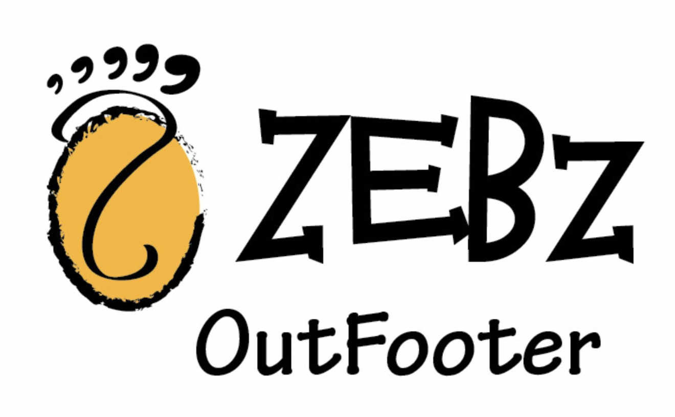 Logo with a yellow foot and the words 'Zero BZ OutFooter' in black and stylized text