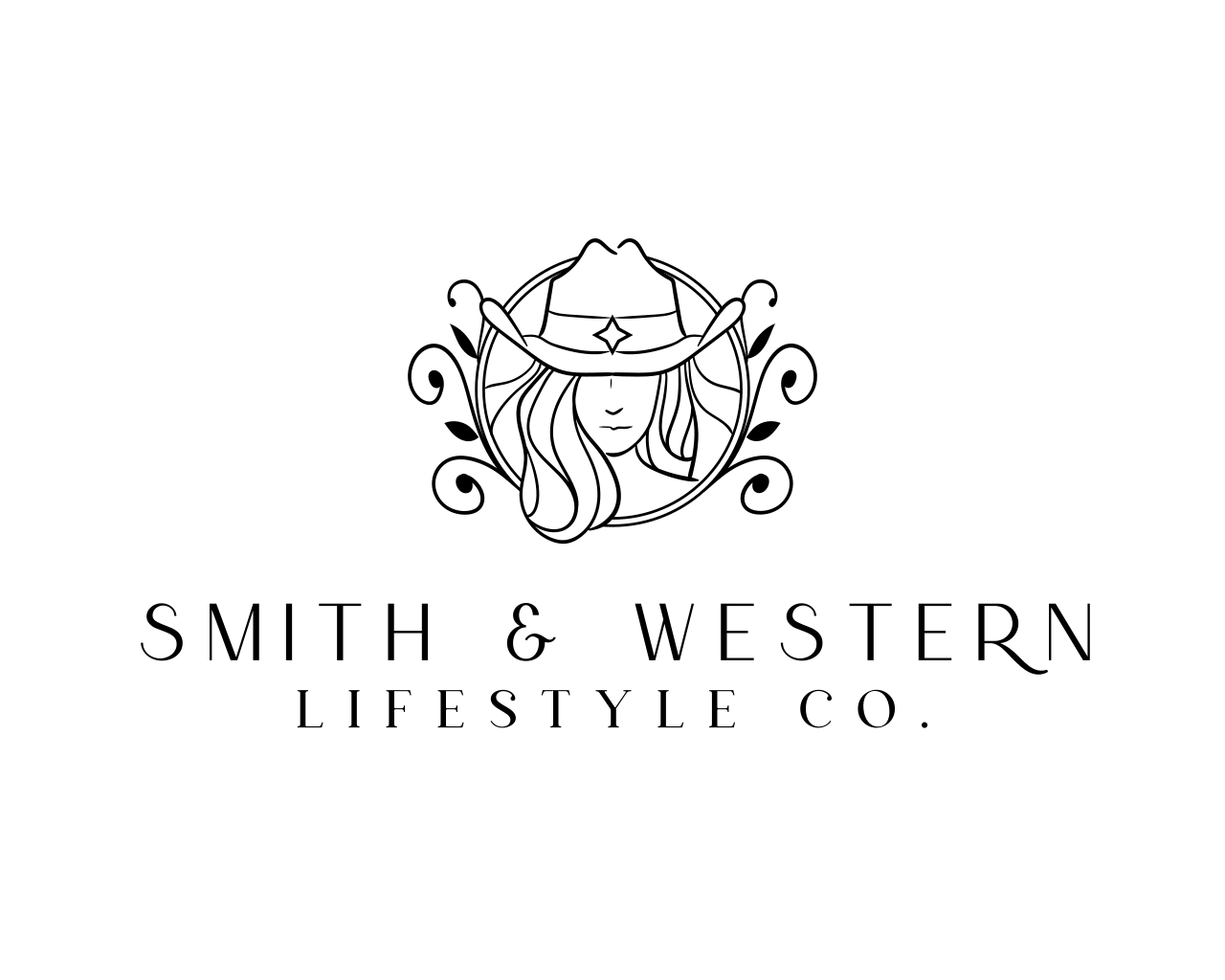 Logo for Smith & Western Lifestyle Co. featuring a line drawing of a woman with long hair wearing a cowboy hat with a star, surrounded by decorative swirls and leaves.