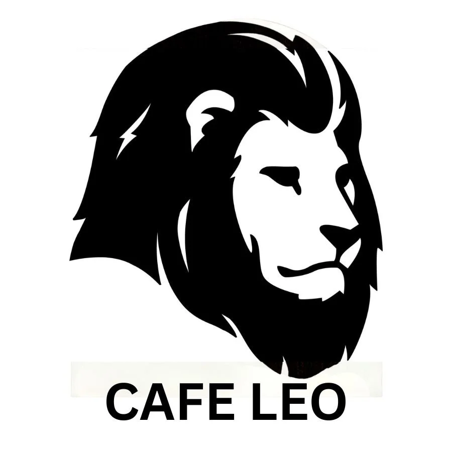 A black and white logo featuring a stylized lion's head with a mane, with the text 'CAFE LEO' beneath it.