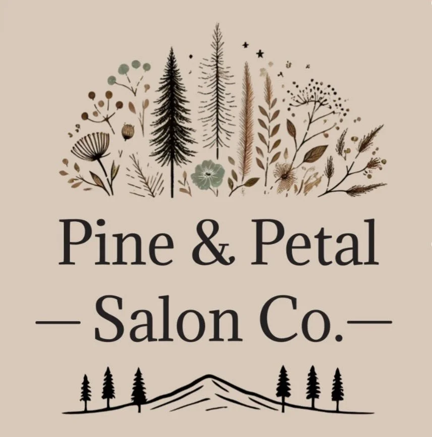 A logo for Pine & Petal Salon Co. featuring illustrated pine trees, leaves, and plants with a mountain and trees silhouette below the text.