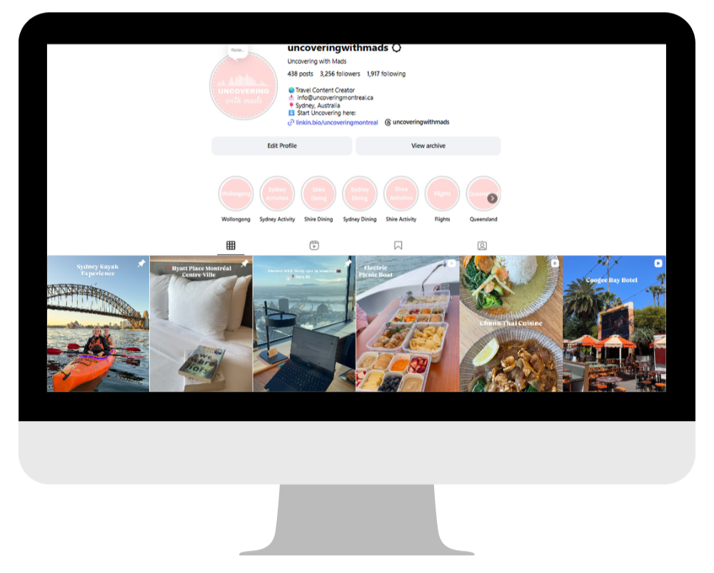 Screenshot of an Instagram profile page for 'Uncovering with Mads,' showing posts related to travel experiences in Sydney and Queensland, including kayaking, hotel stays, meals, and scenic views.