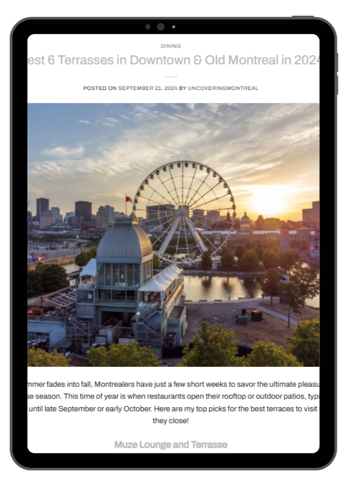 View of Montreal skyline with a Ferris wheel, rooftop terrace, and a sunset sky.