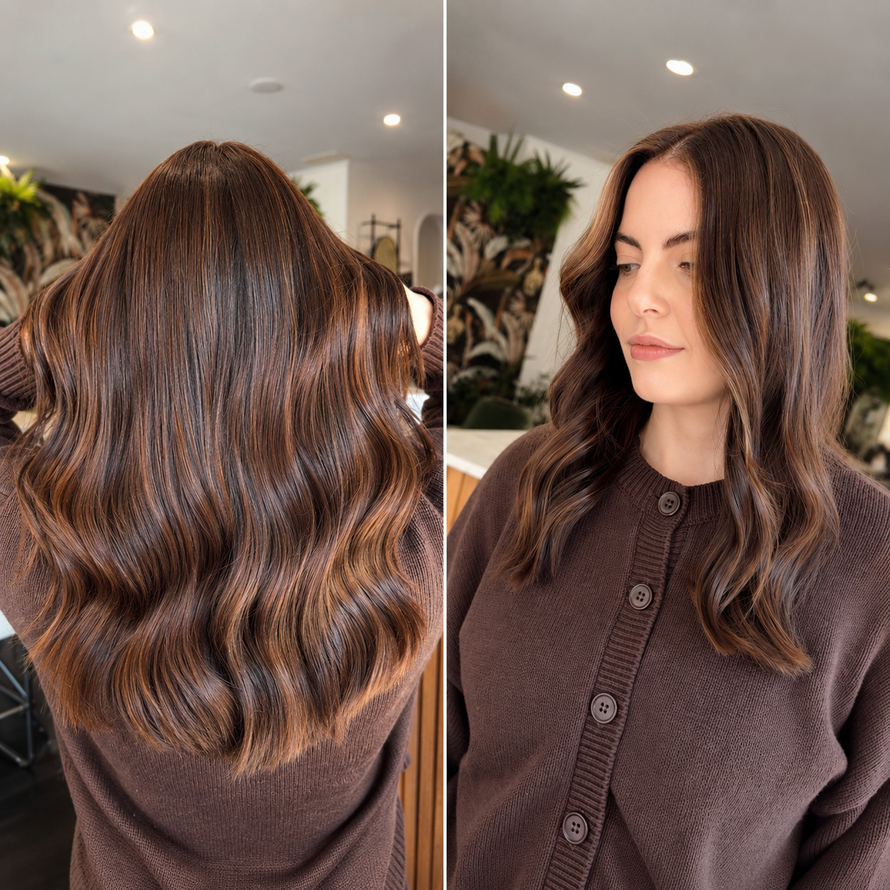 A woman with wavy brown hair that has subtle highlights, shown from behind in the left photo and from the front in the right photo, wearing a brown button-up sweater in an indoor setting.