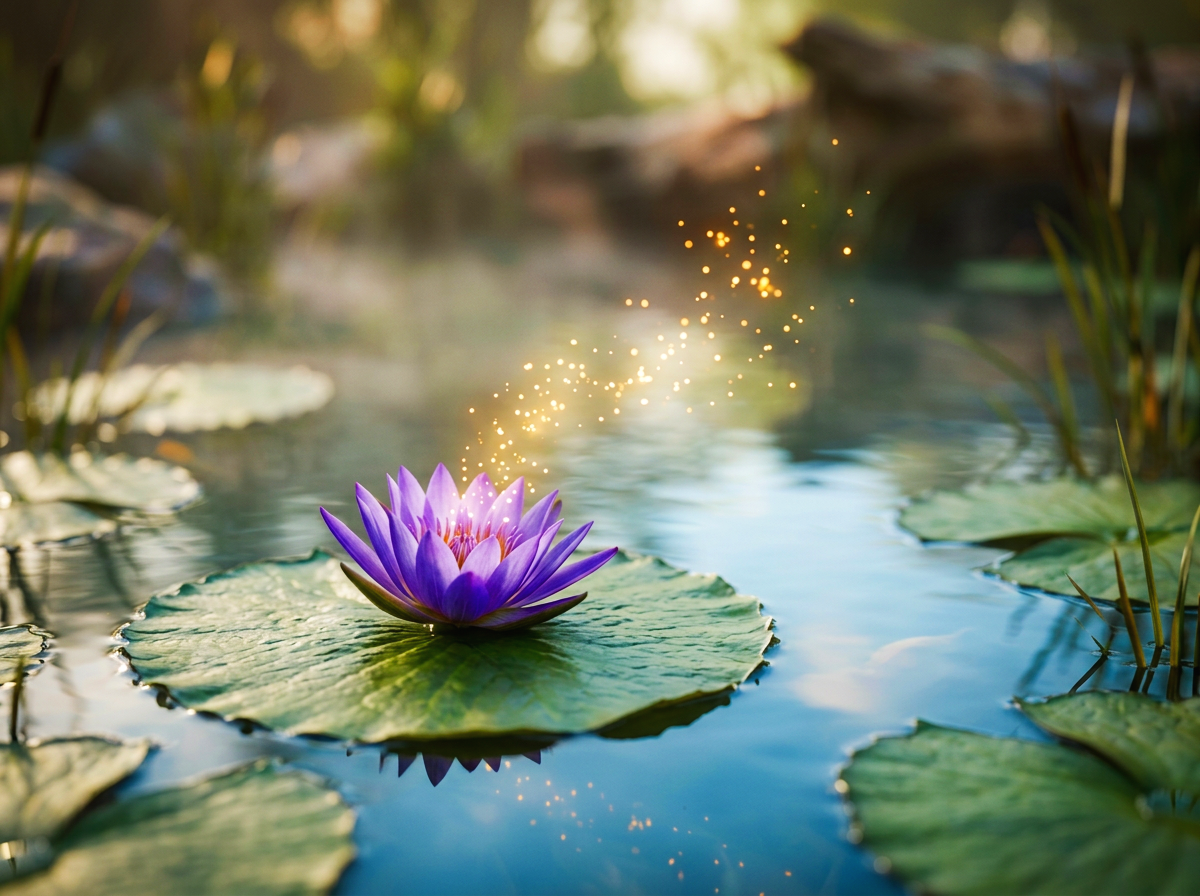 A purple water lily floating on a lily pad in a pond with floating lily pads and green reeds, with sparkles of light in the air.