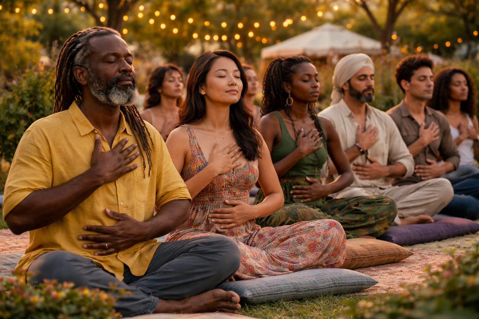 Group of diverse people meditating outdoors, sitting cross-legged with hands on their chests, eyes closed, in a peaceful garden setting during sunset with string lights overhead.