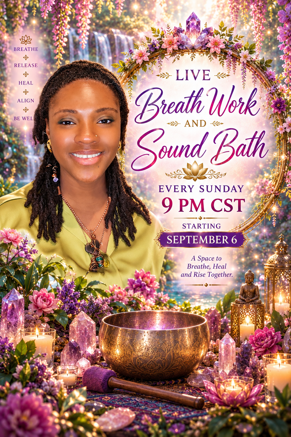 Event poster for a spiritual workshop titled 'Live Breath Work and Sound Bath,' featuring a smiling woman with natural hair, surrounded by flowers, candles, crystalline stones, and a singing bowl in a serene outdoor setting at sunset.