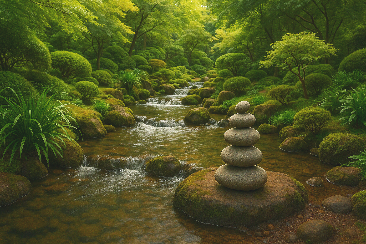 A tranquil Japanese garden scene with a flowing stream, lush greenery, and a stone pagoda sculpture.