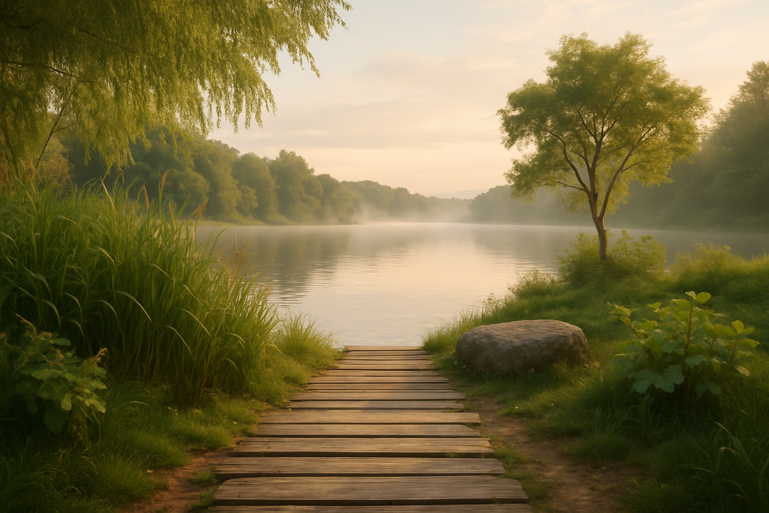 A peaceful riverside scene with a wooden dock leading to calm water, surrounded by lush green trees and grass, with mist rising over the river in the early morning or late evening.