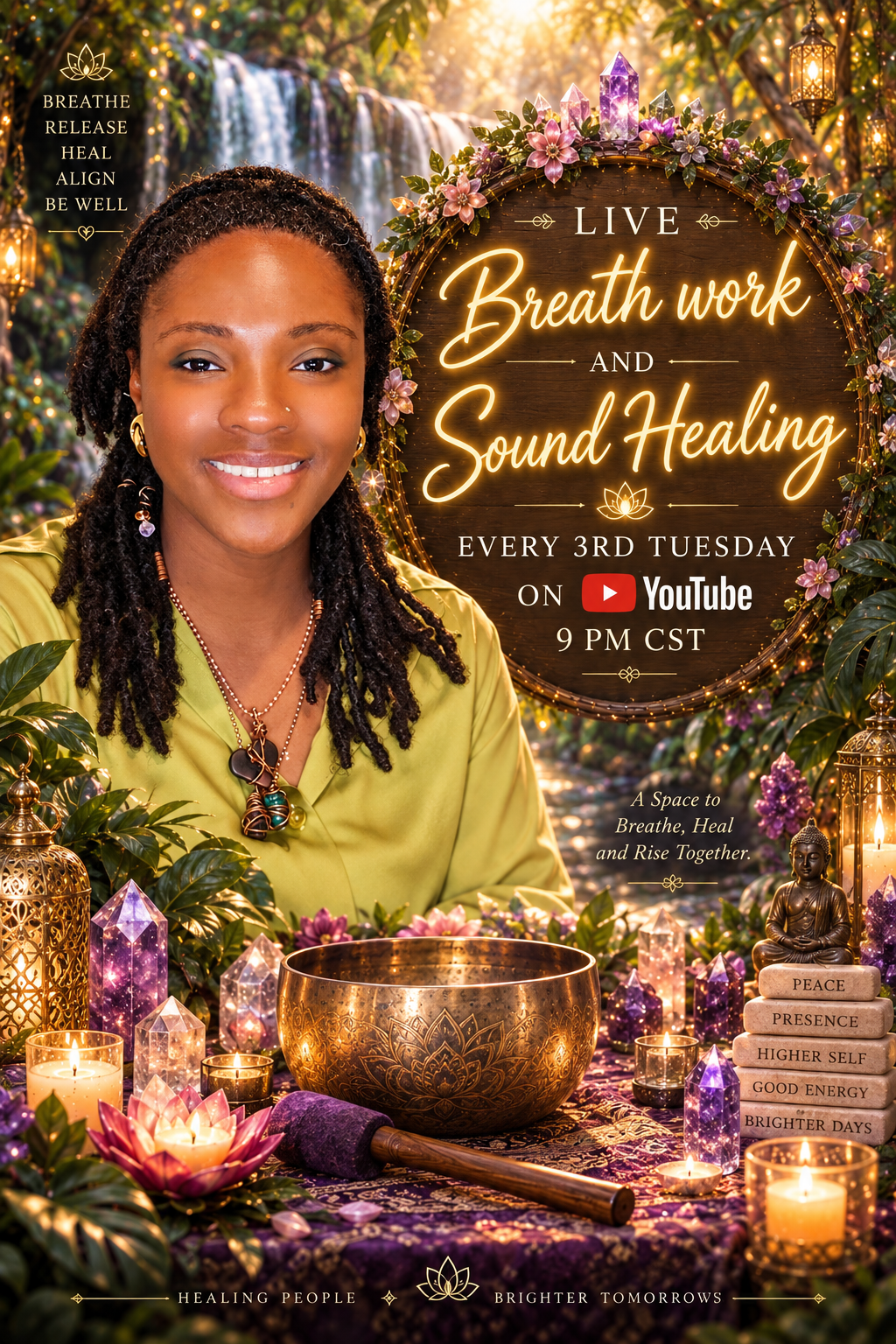 An advertisement for a YouTube series about breath work and sound healing, featuring a woman with dreadlocks wearing a yellow top, surrounded by candles, crystals, and spiritual decor, with a lush forest and waterfall background.