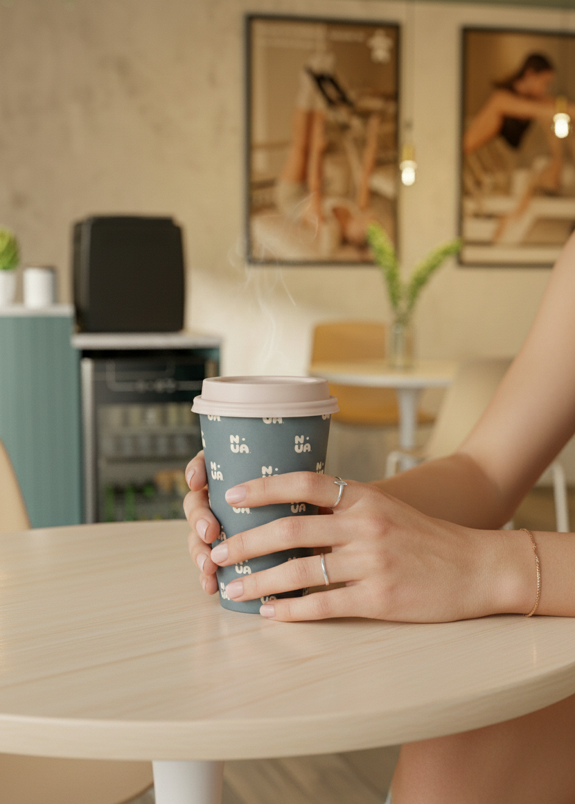 Mujer sosteniendo una taza de café con estampado azul en una mesa de madera en un café, con paredes decoradas con fotos y plantas en el fondo.