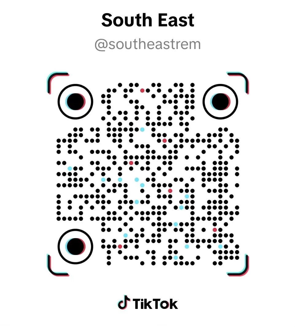 A TikTok QR code with the text 'South East' and '@southeastm' above it, surrounded by four decorative corner markers.