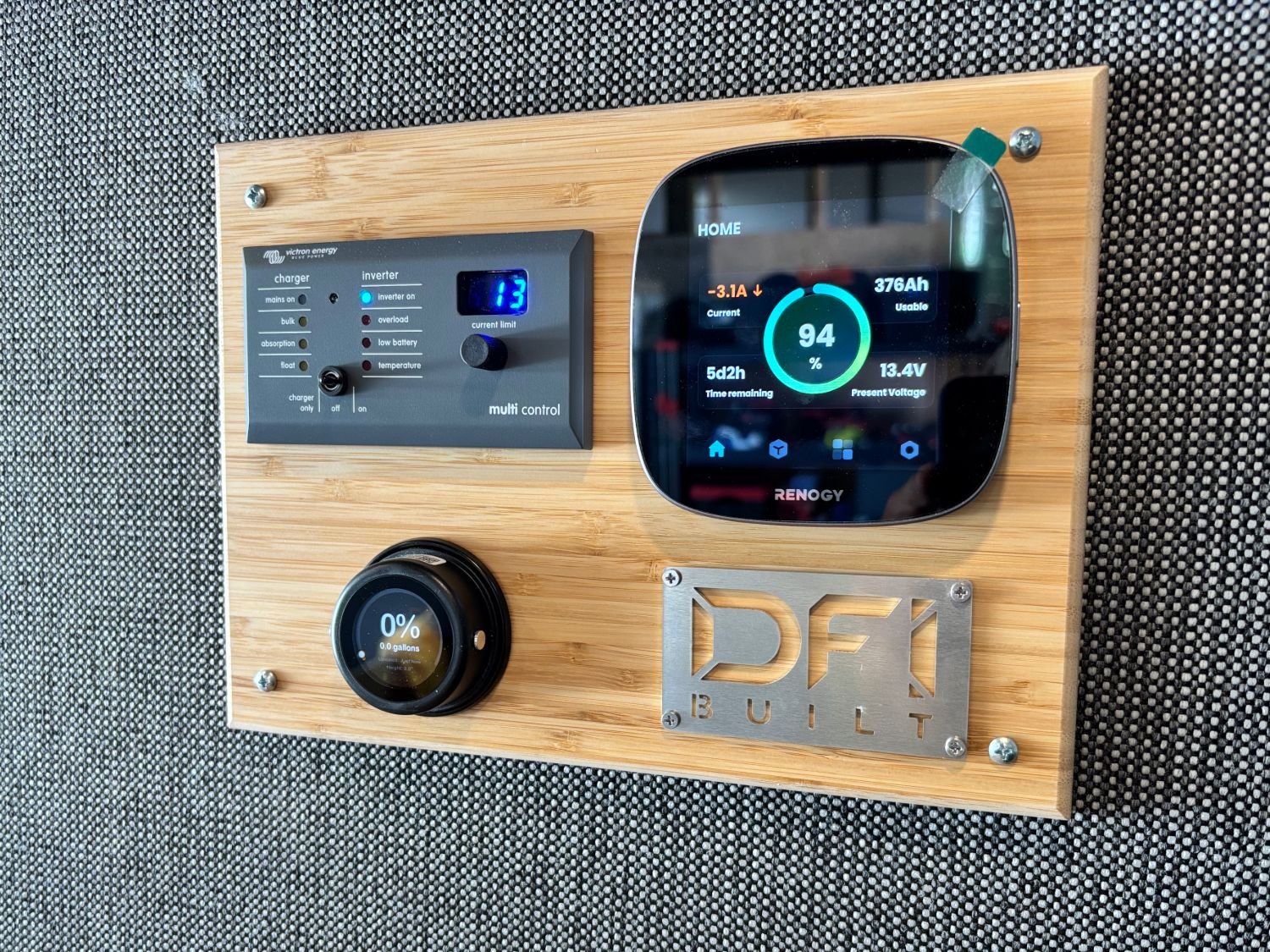 custom conversion van control board with renogy core one and victron inverter controls
