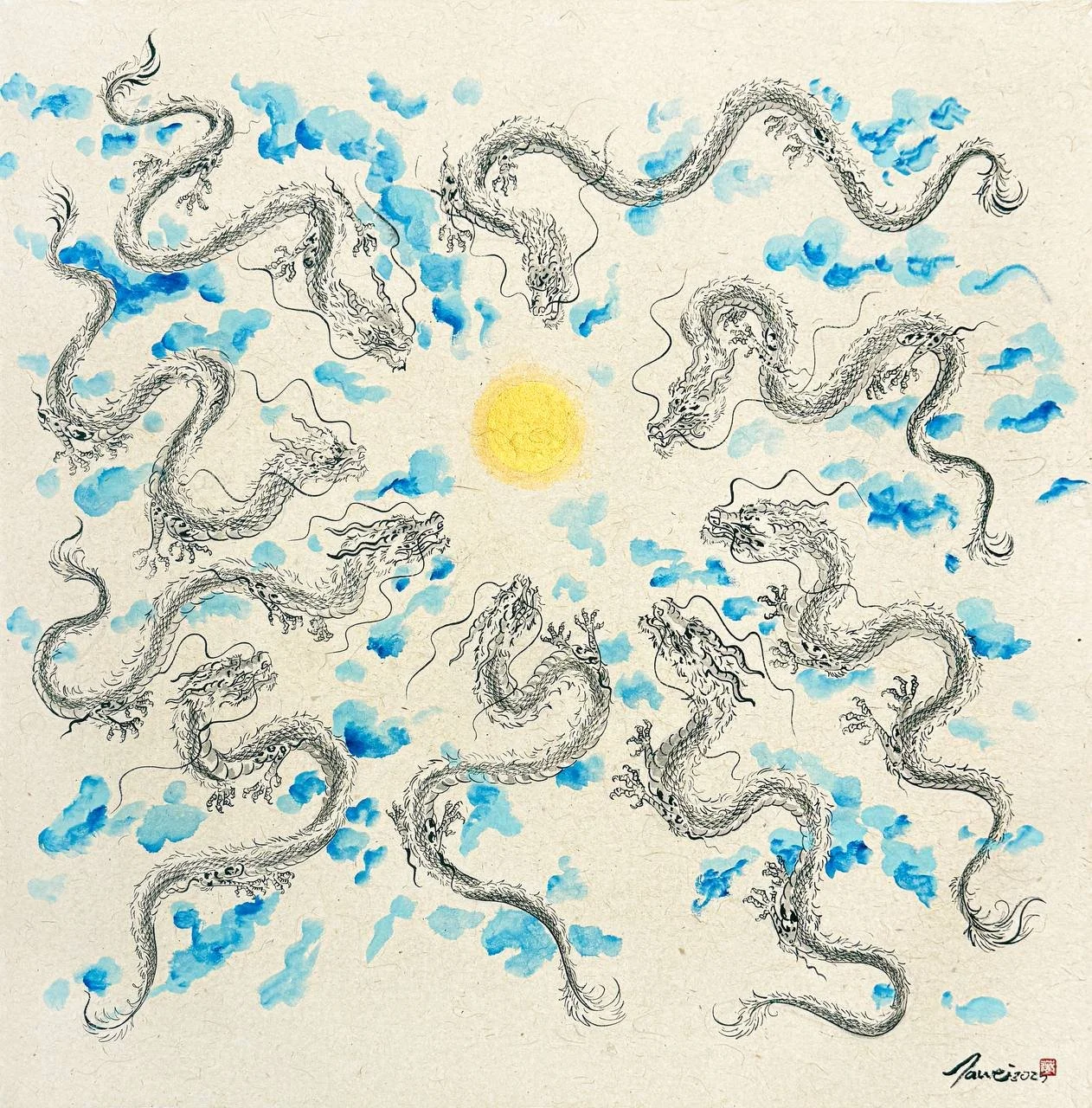 Nine Dragons on Arrival // available
70cmH x 70cmL
Ink & Acrylic on Ricepaper
2025