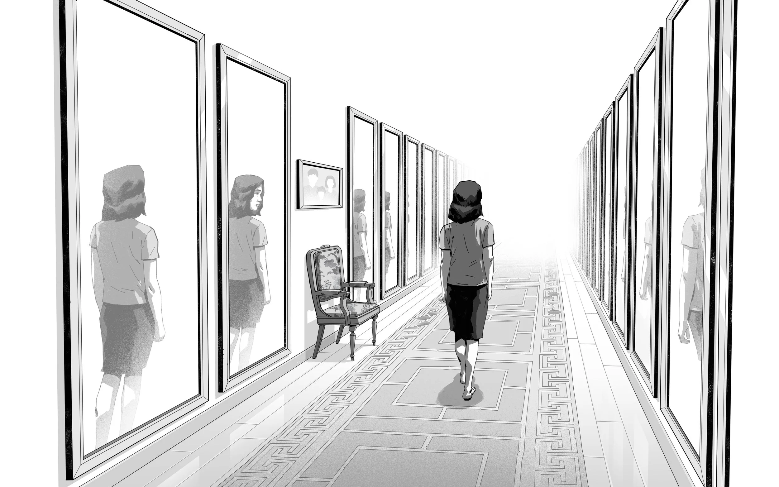 A woman walks through an art gallery corridor with mirrors on the right wall and paintings on the left wall, with a chair and a framed photo on the left side.