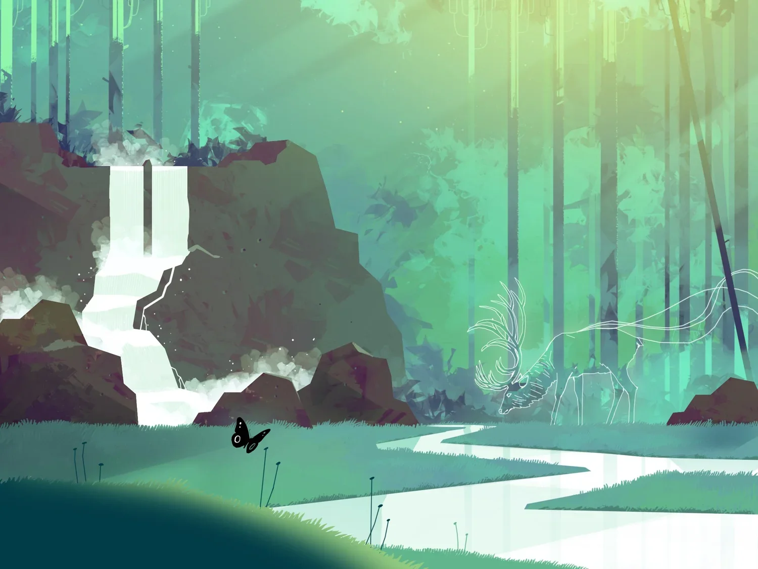 Digital illustration of a lush green forest with a waterfall flowing over rocks, a flowing river, a butterfly, and a faint outline of a deer with antlers among the trees.