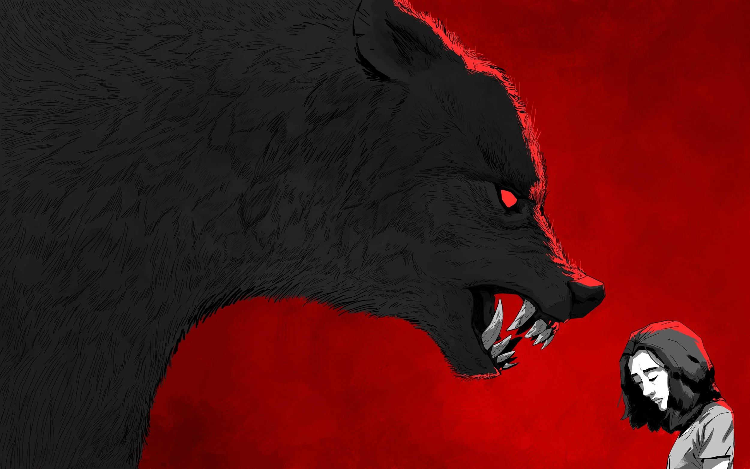 Digital illustration of a black wolf with red eyes snarling at a woman with shoulder-length hair on a red background.