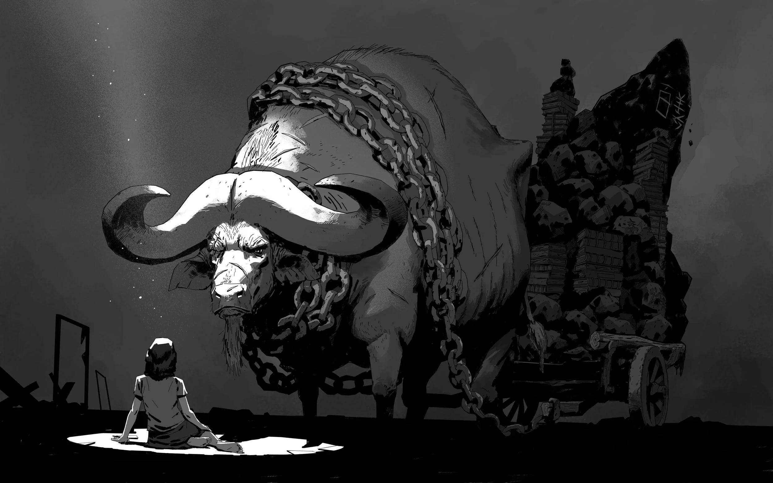 A person sitting on the ground facing a giant, chained minotaur pulling a cart loaded with skulls and books in a dark, surreal landscape.