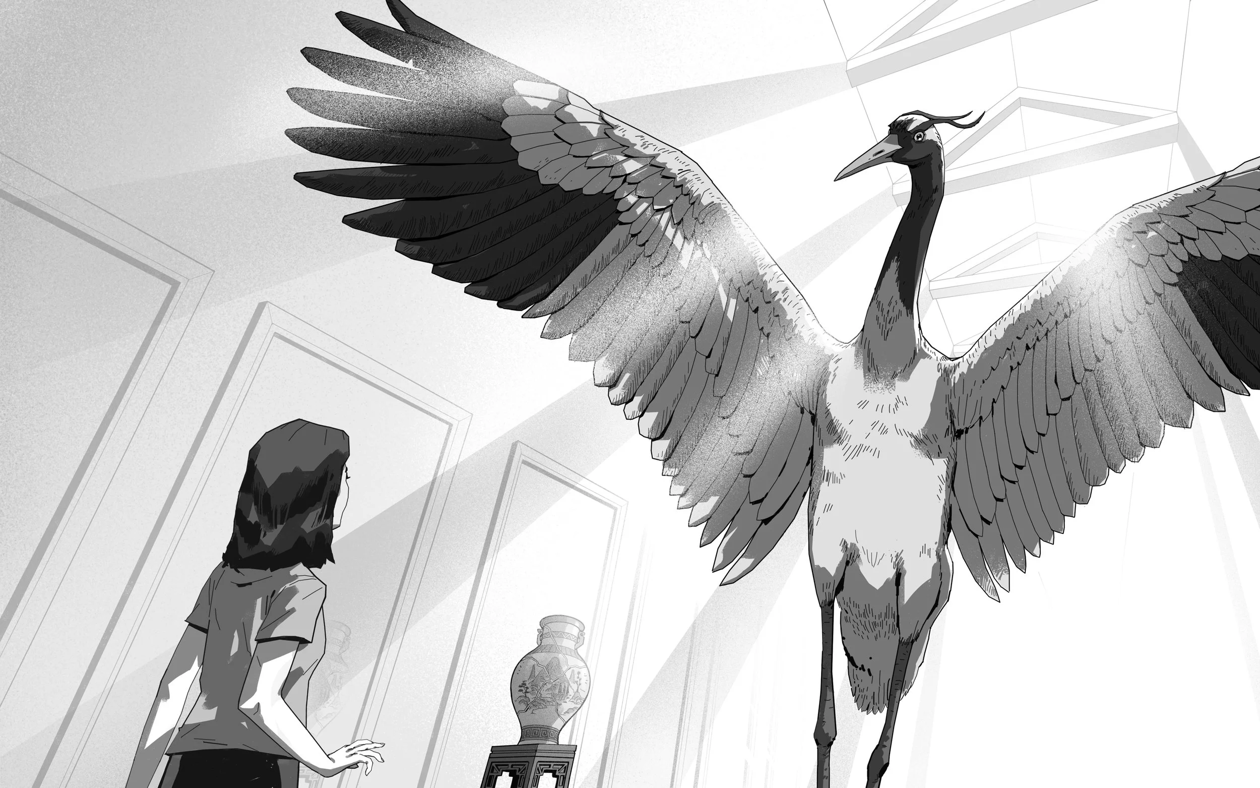 A woman observing a large, winged bird sculpture or model in a museum or gallery.