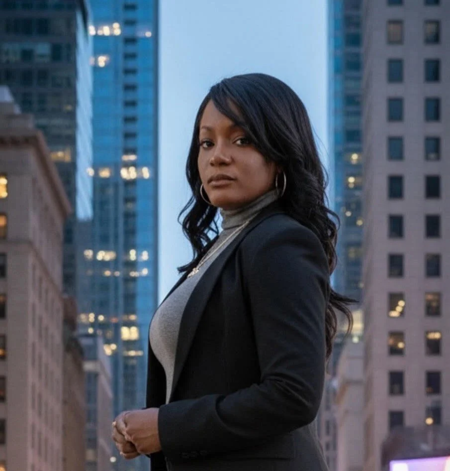 A woman with dark hair dressed in a black blazer and gray turtleneck standing outdoors in a city with tall buildings, looking at the camera.