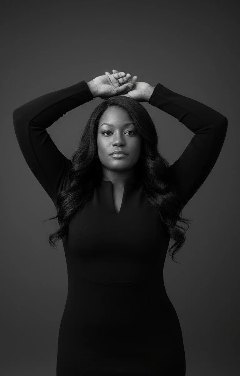 Black and white portrait of a woman with long wavy hair, wearing a long-sleeved black dress, posing with arms raised and hands touching above her head, against a plain dark background.
