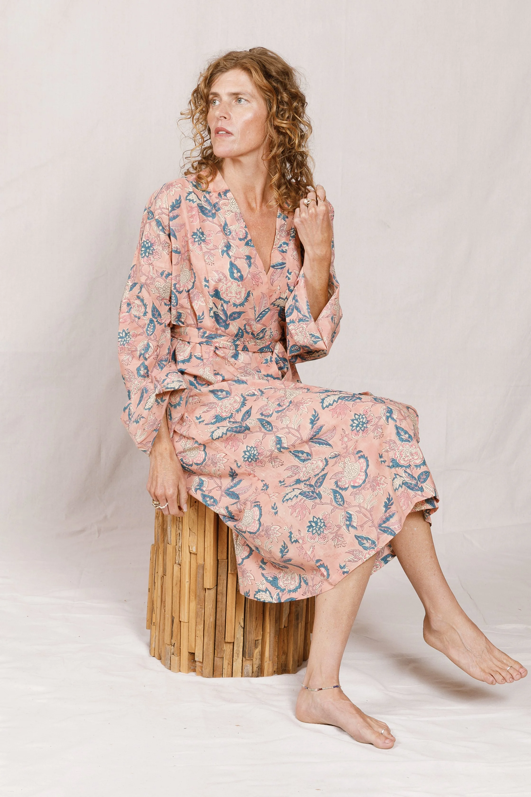 Block-Printed Kimono —  Floral Blush