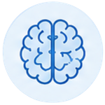 Illustration of a human brain, half in profile and half facing forward, in blue lines.