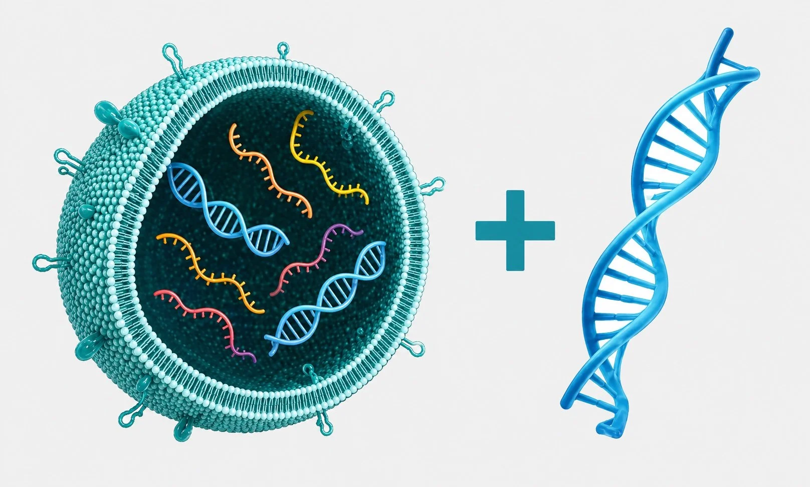 Illustration of a virus cell combined with a strand of DNA, with a plus sign between them.