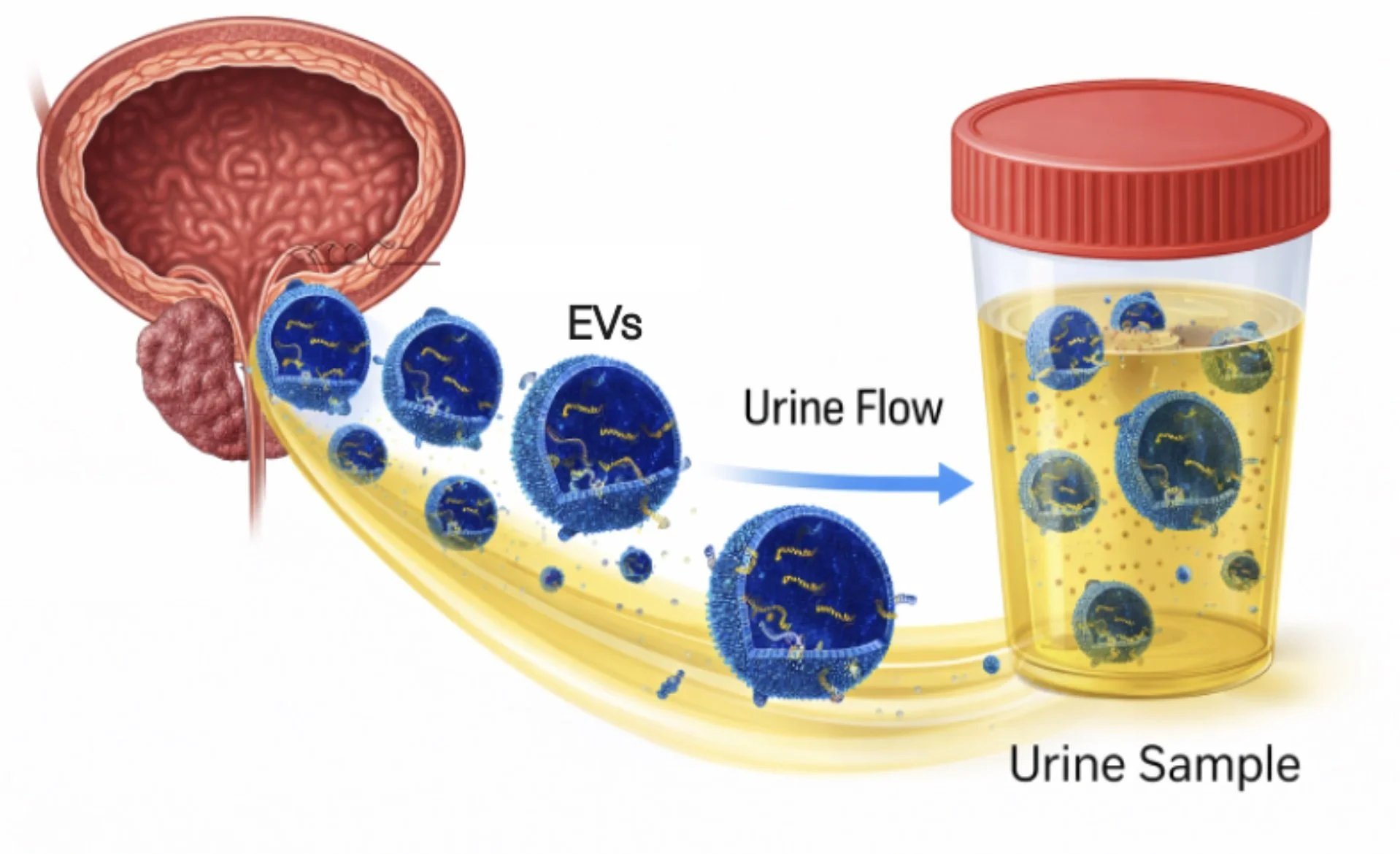 Diagram of a urine sample collection process showing bacteria labeled as EVs and urine flow leading to a container with a yellowish urine sample containing blue bacteria.