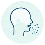 Line drawing of a human head in profile with small dots indicating air or breath coming from the mouth.