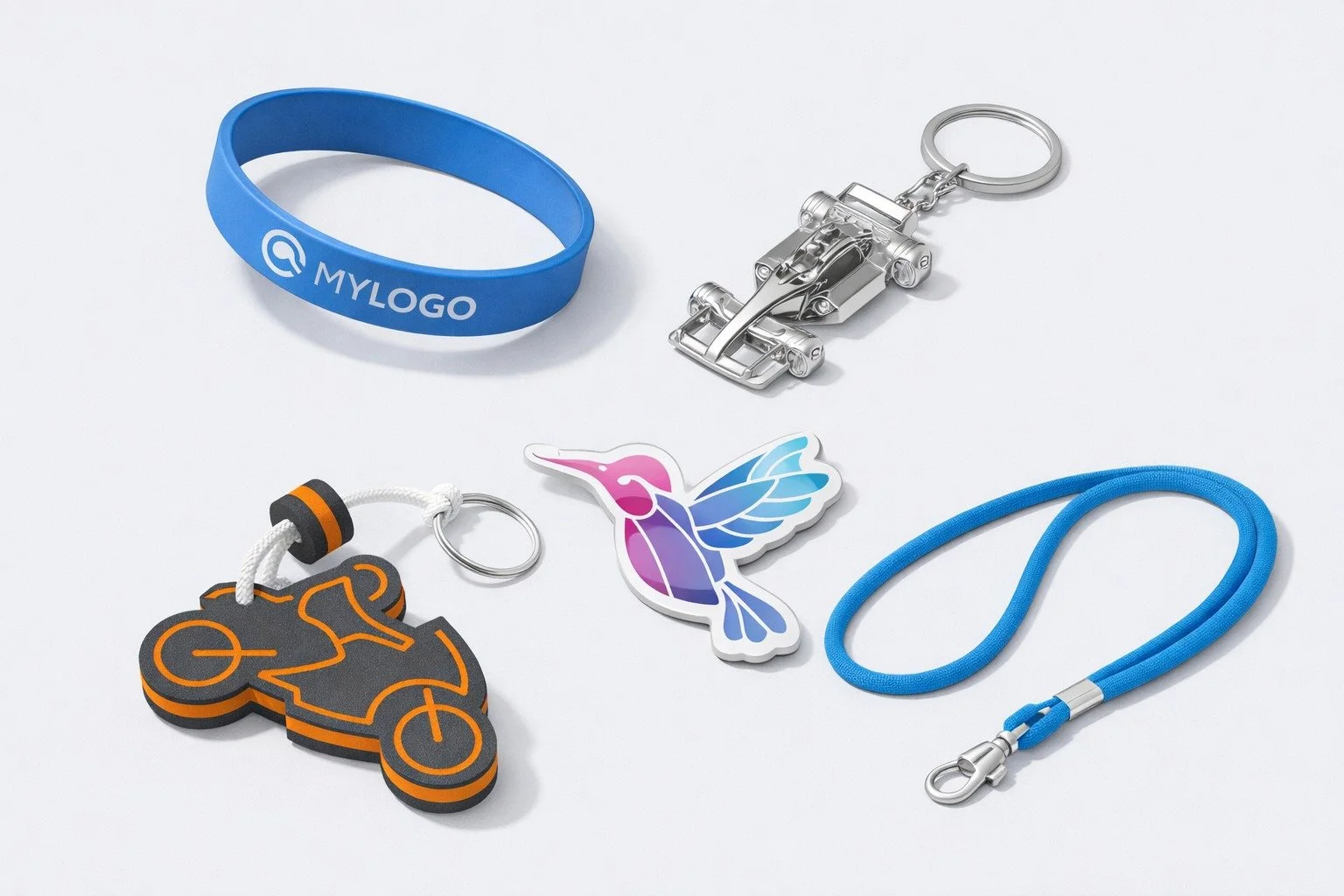 Goodies personnalisés (porte-clés, badge, tour de cou) pour une livraison express en délais serrés.