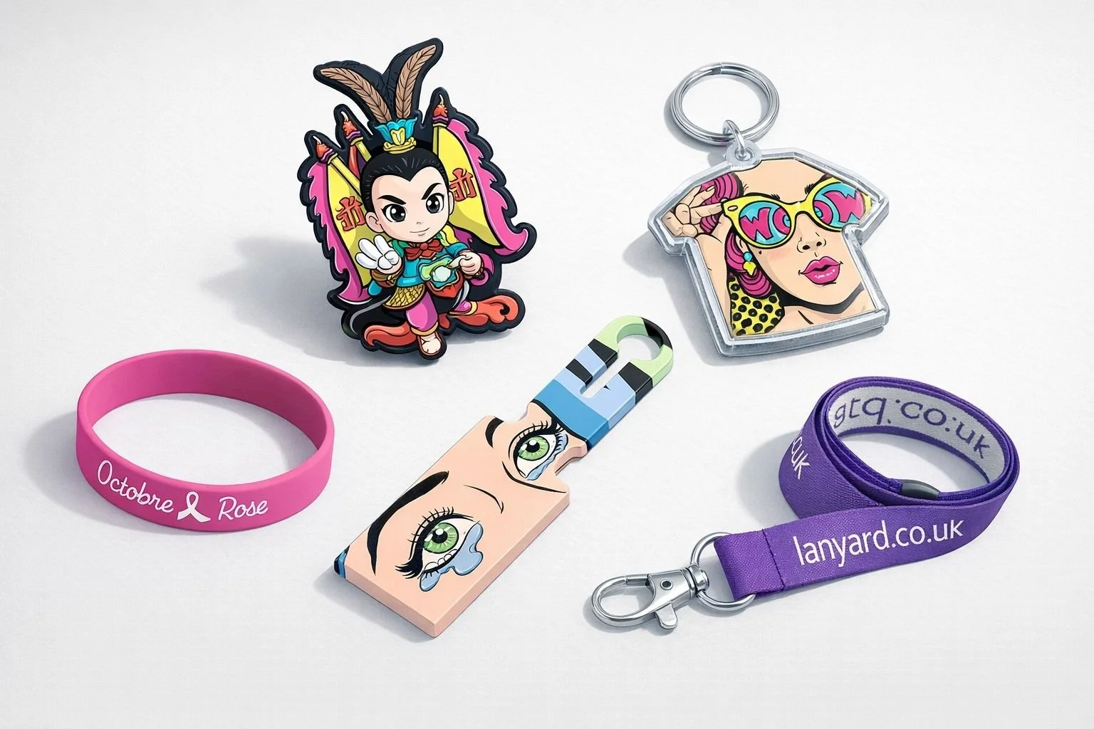 Créations de goodies sur mesure réalisées par le studio design intégré Goodies Design (porte-clés, bracelet, tour de cou).