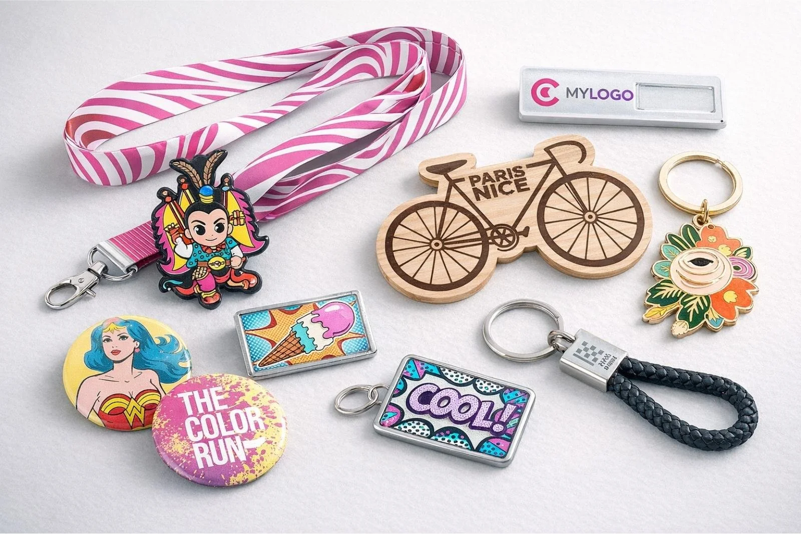 Objets d’identité personnalisés : tours de cou, badges, pin’s et accessoires pour événements et équipes.