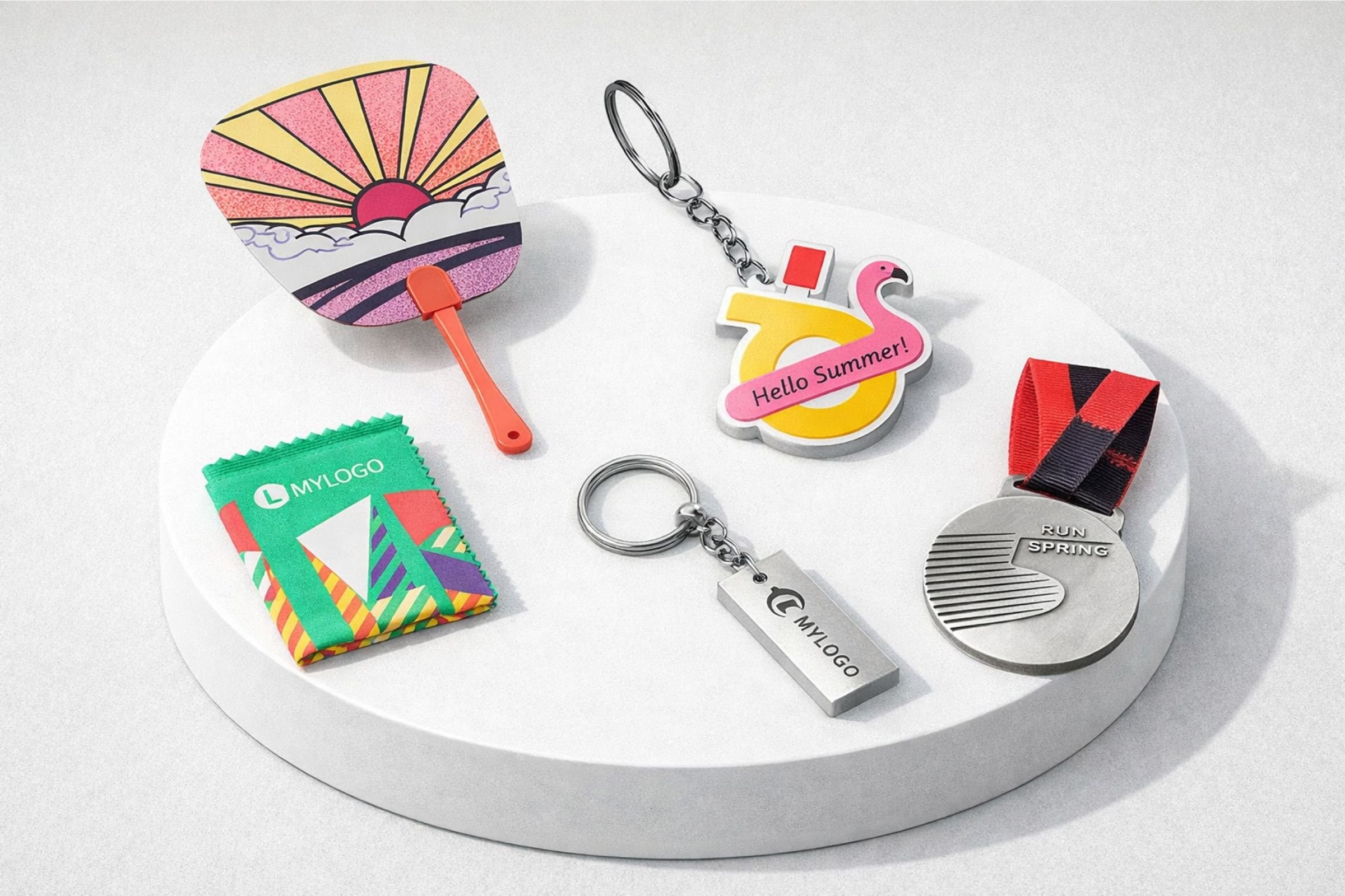 Sélection d’objets média personnalisés : tours de cou, badges, porte-clés et accessoires promotionnels.