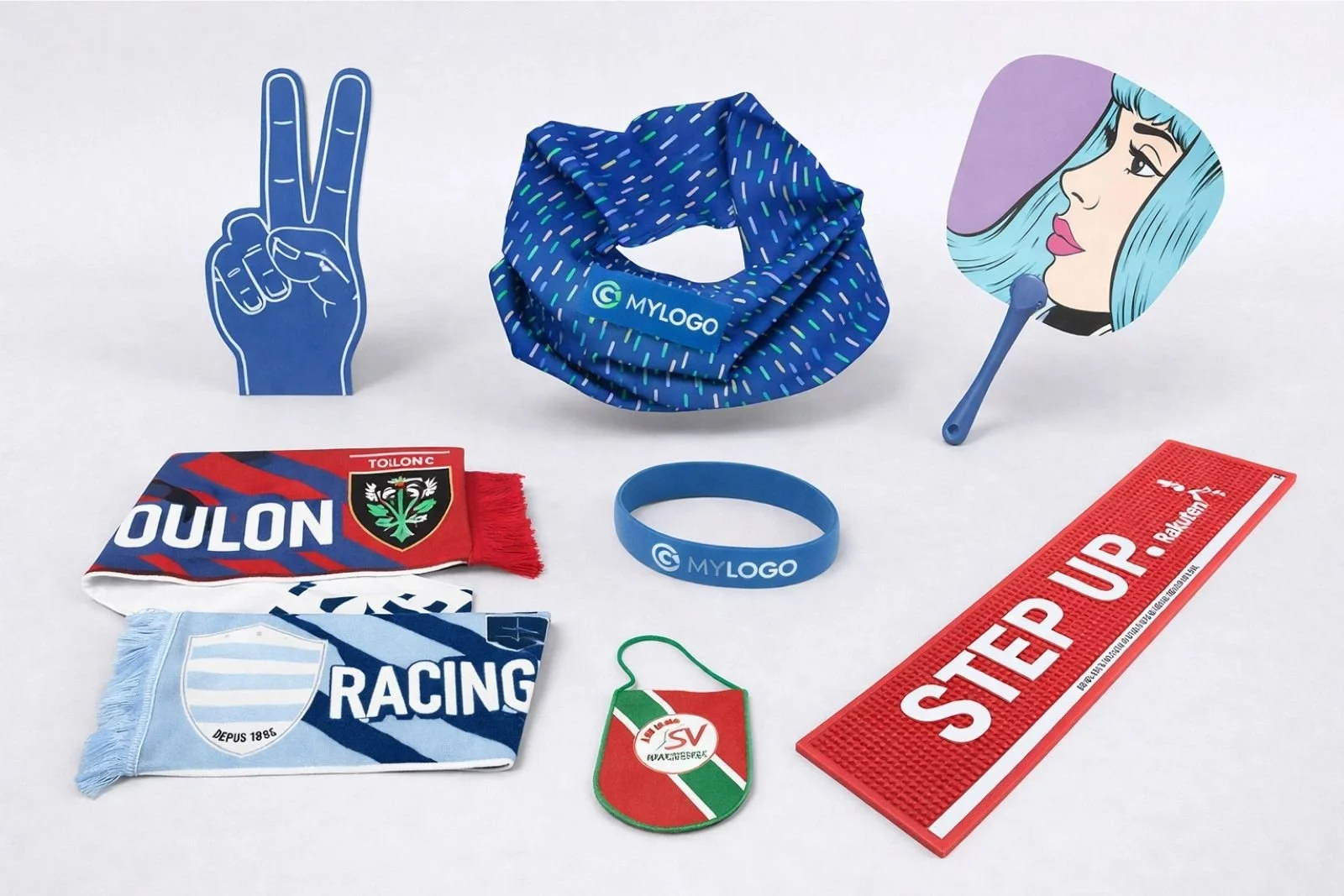 Goodies pour festivités : éventail, médaille, porte-clés et accessoires colorés pour événements.