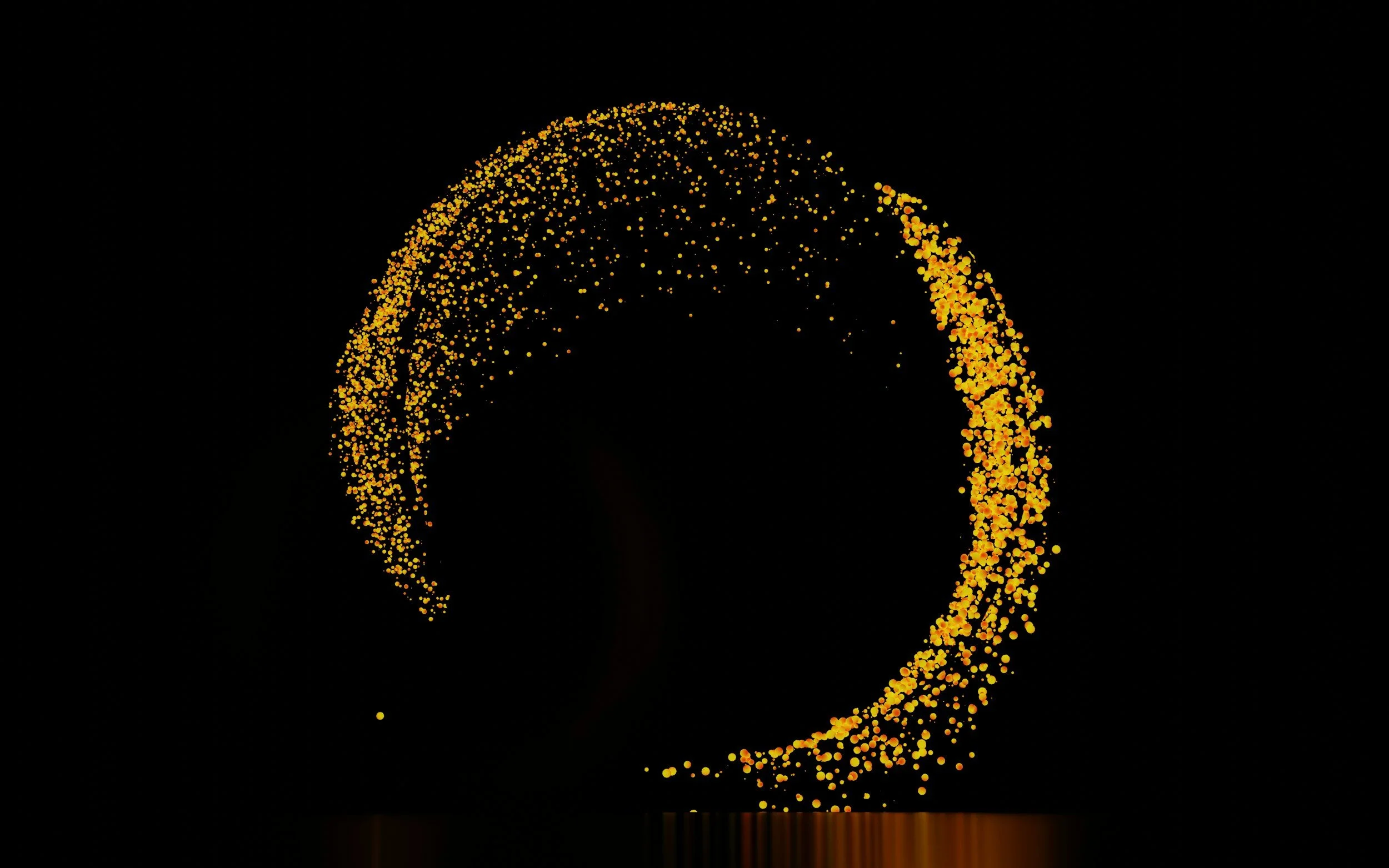 A digital image of a circular, spiral formation made of small yellow and orange dots on a black background.