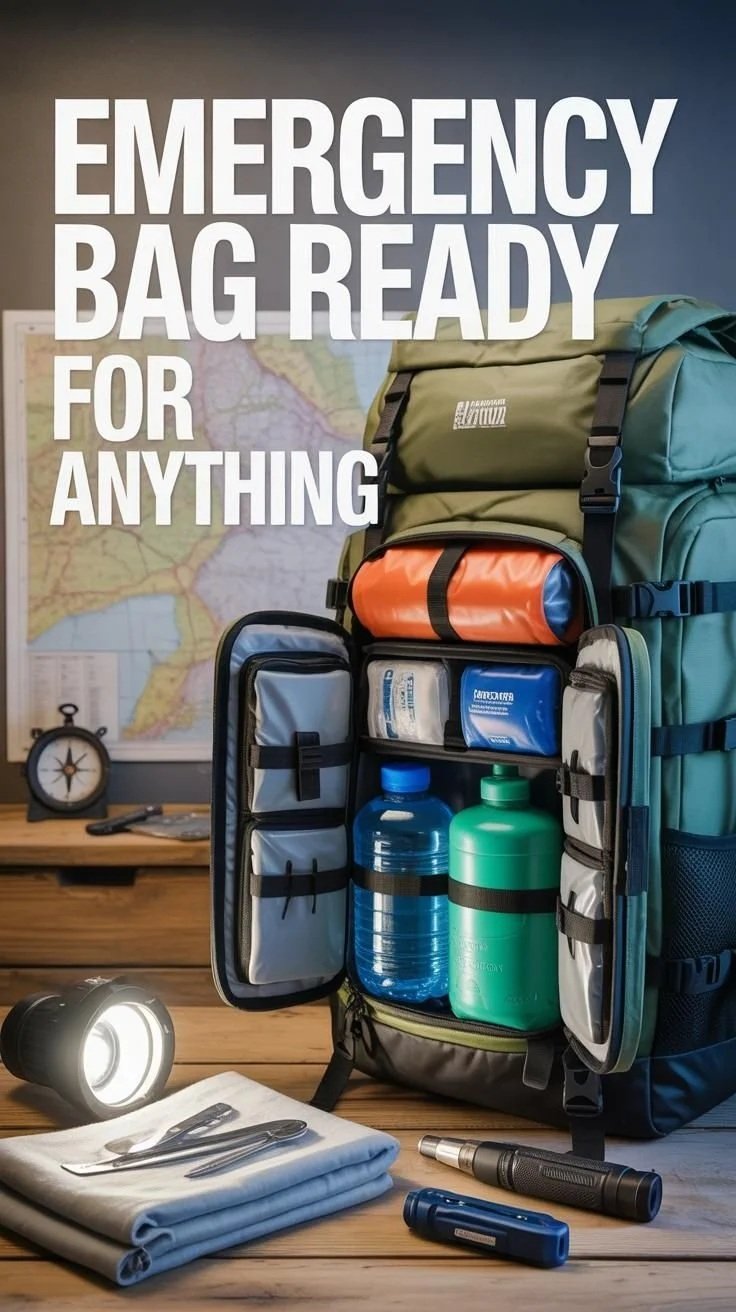 A fully packed emergency preparedness backpack on a table, with various supplies such as bottled water, a first aid kit, and toiletries. In the background, a map and a clock are visible, along with a flashlight and camping utensils on the table.