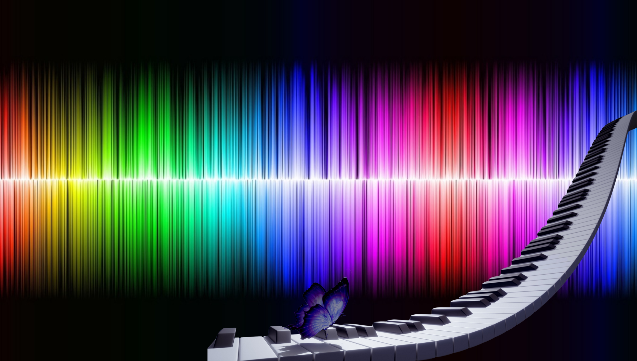 Butterfly on piano keys with a rainbow sound wave in the background