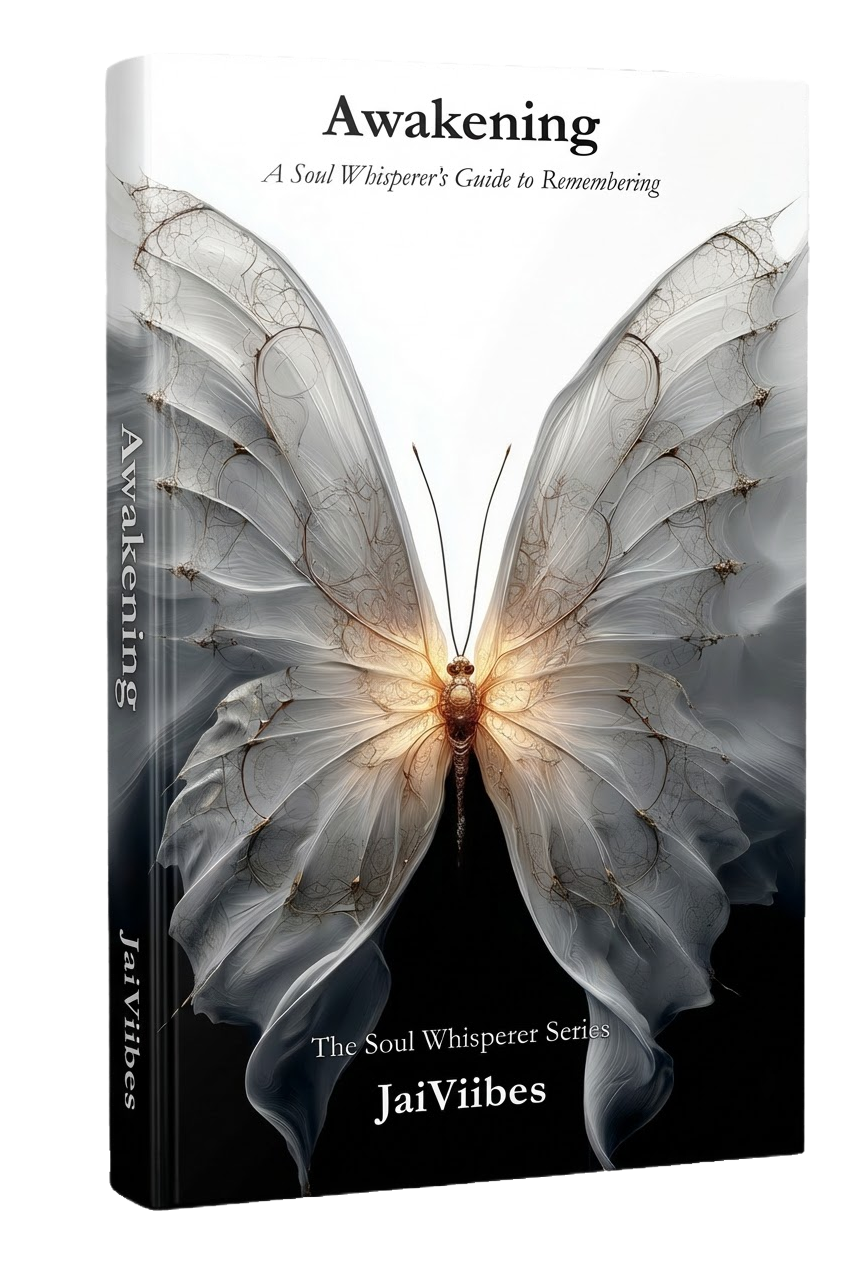 Awakening: A Soul Whisperer’s Guide to Remembering by JaiViibes — spiritual awakening book cover featuring luminous butterfly artwork