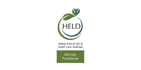 A vertical banner with the HELD logo, indicating membership as a Practitioner with Holistic End of Life & Death Care Australia.