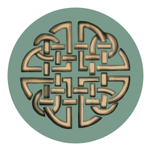 Ornamental Celtic knot design on a green background.