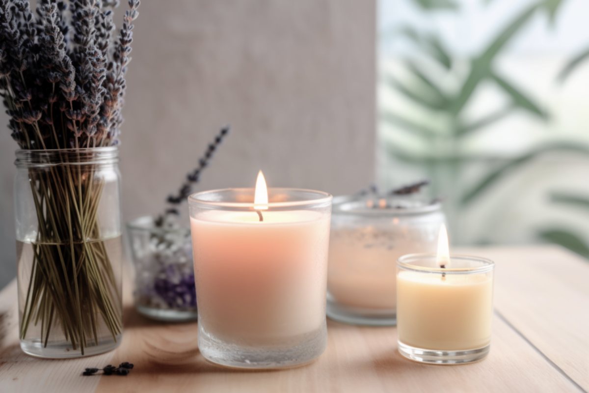 Votive candles and dried lavender in glass jars on a light wooden surface.