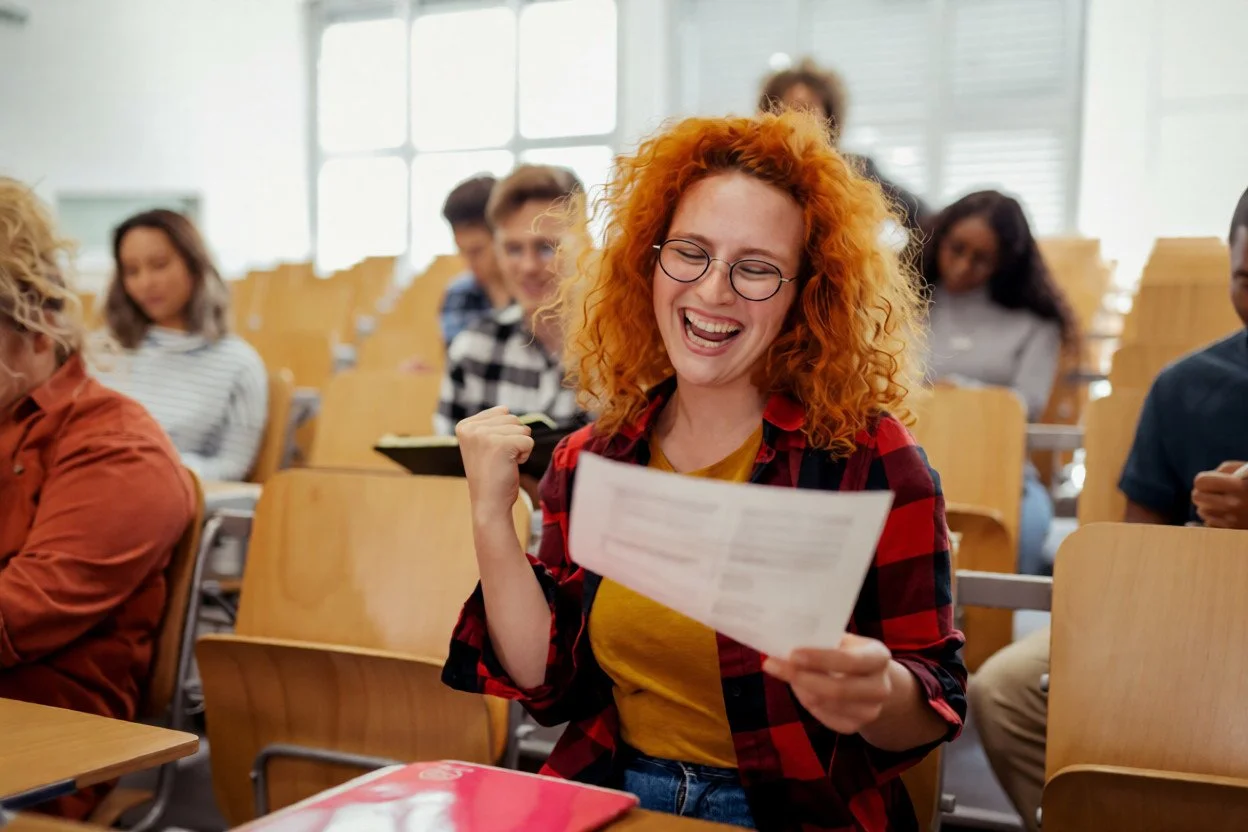 A red-haired woman with glasses celebrates as she reads a paper in a classroom filled with students, some taking notes, others looking at her.