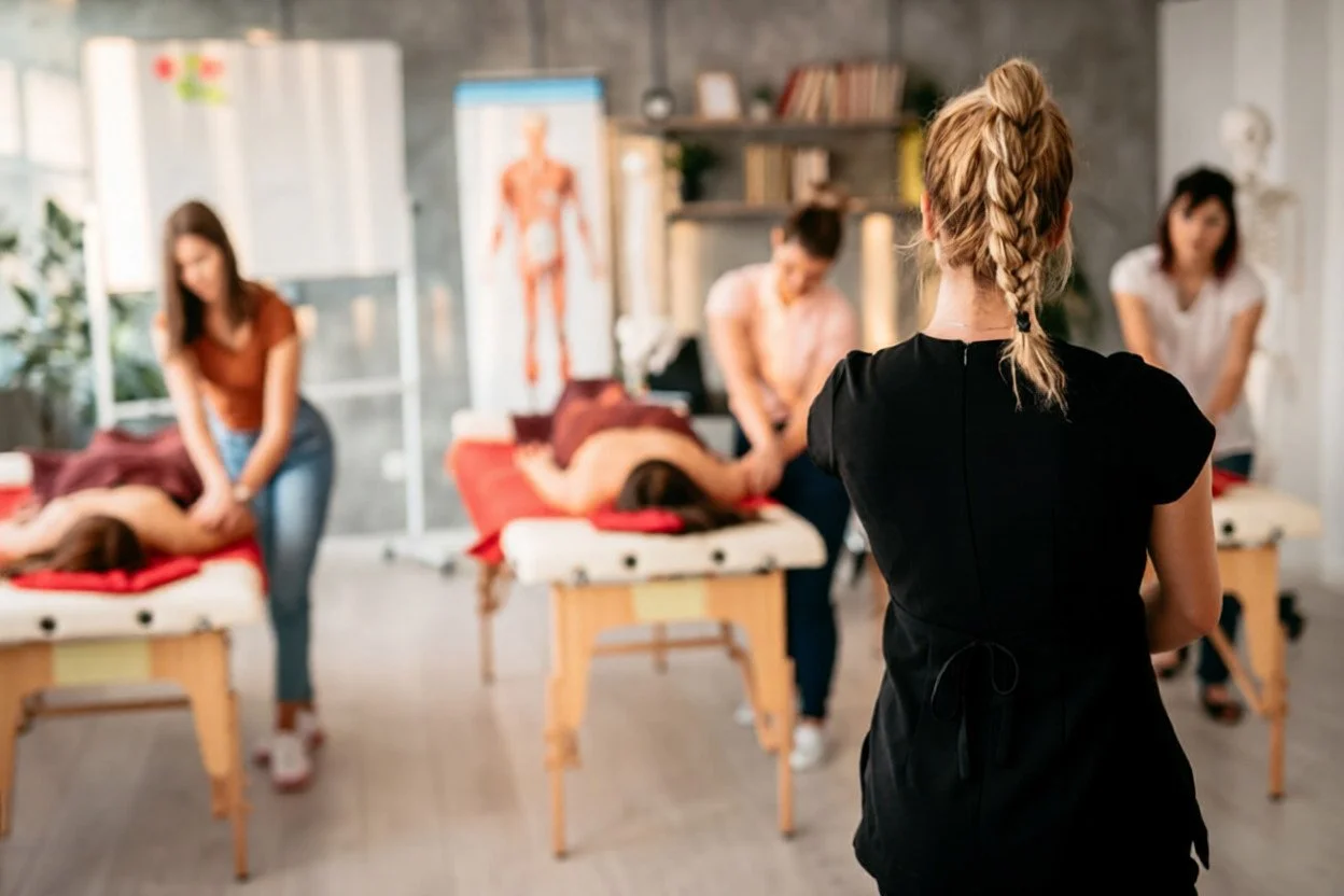 Lymphatic massage course Instructor with braided hair giving a lymphatic massage demonstration to studyents in a massage therapy class with students practicing lymphatic drainage massage training on massage tables.