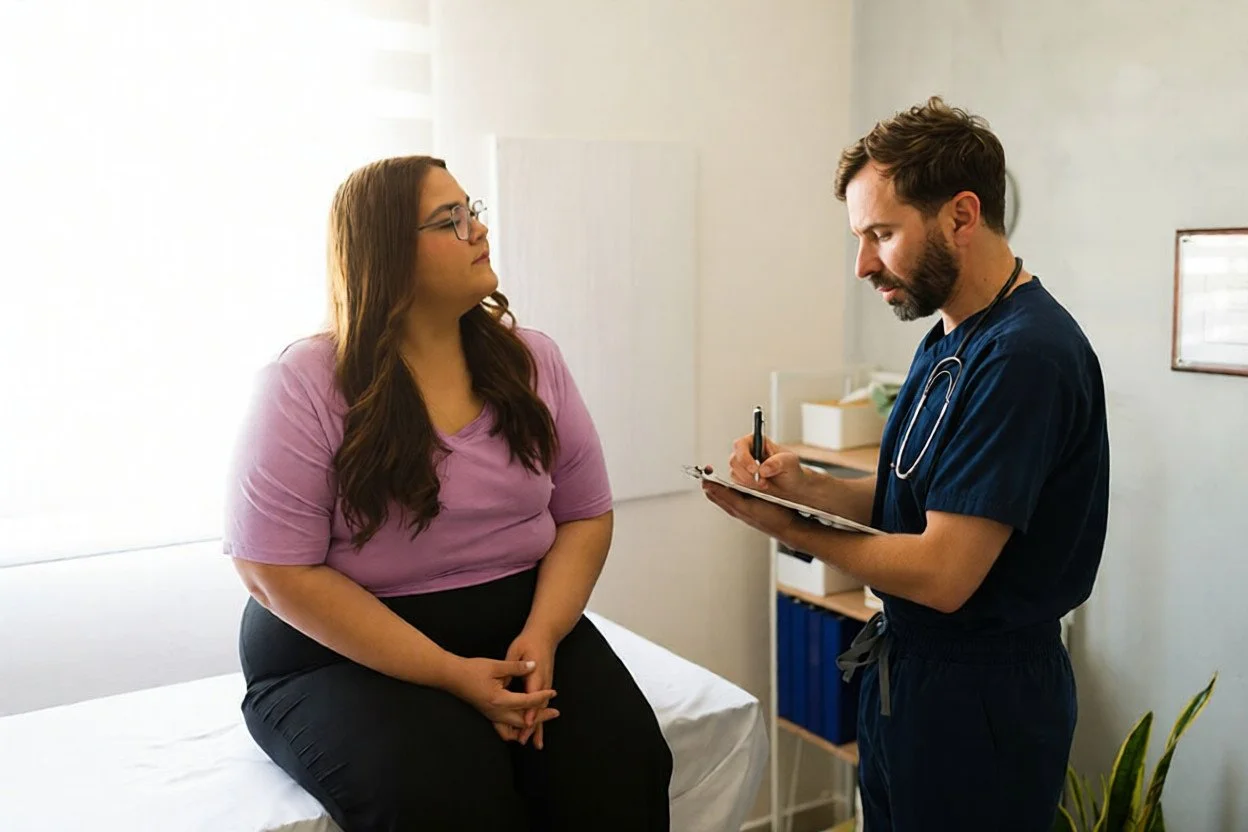 A female patient sitting on an examination table talking to a male doctor taking notes.