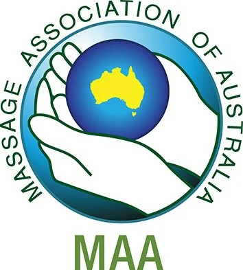 Logo of the Massage Association of Australia featuring a hand holding a globe with the map of Australia, with the organization's name encircling it and the acronym 'MAA' below.